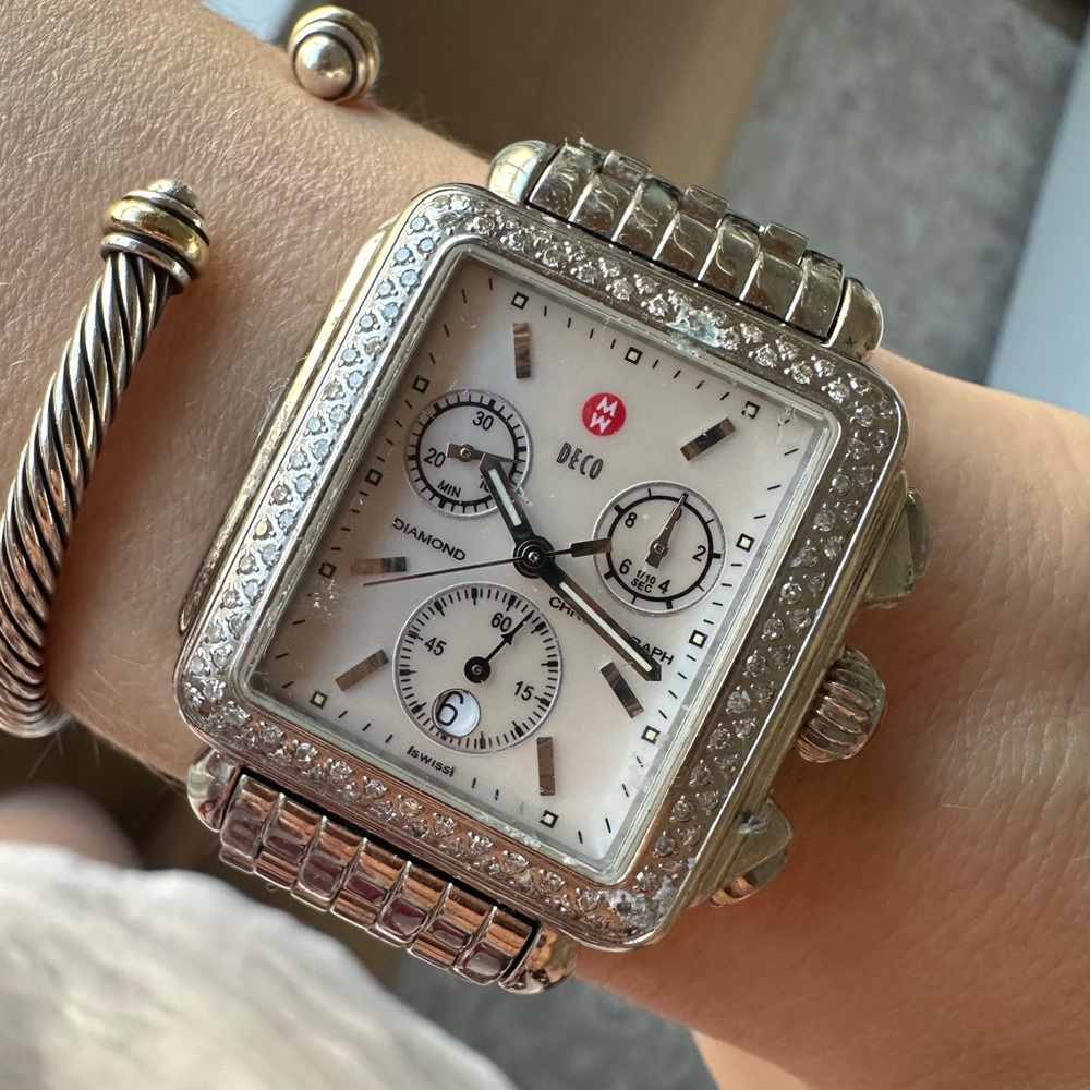 Michele Deco Stainless Diamond Watch + Leather Straps